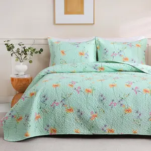 Green Floral Quilt Set  Size, 3 count Printed Bedspreads Coverlet with Pillow Sham, Soft Microfiber Quilted Blanket