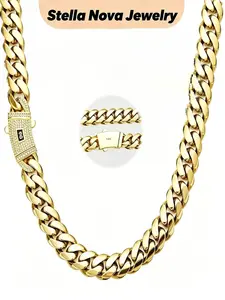 14k Gold Plated Cuban Necklace, Thick Cuban Chain, 6mm Stainless Steel Choker, Waterproof, Anti-Allergy, Street Style, Unisex, Valentine's Gift