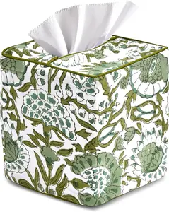 CPC Agate Green Hand Block Printed Cotton Tissue Box Cover 5" x 5" x 5.5" Square Soft Reusable Boho Napkin Holder for Home Kitchen Dining Bathroom Office Cafe Spa, Gift for Spring, Mother's Day