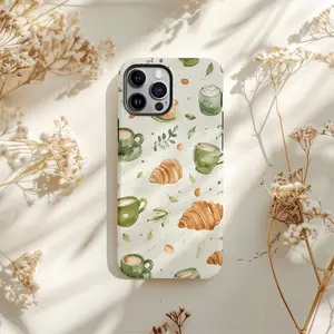 Matcha & Croissant Phone Case - Cute Foodie Design, 17 16 15 14 13 12 11 Xs 8 7 Plus, Cozy Café Aesthetic Gift For Tea Lovers