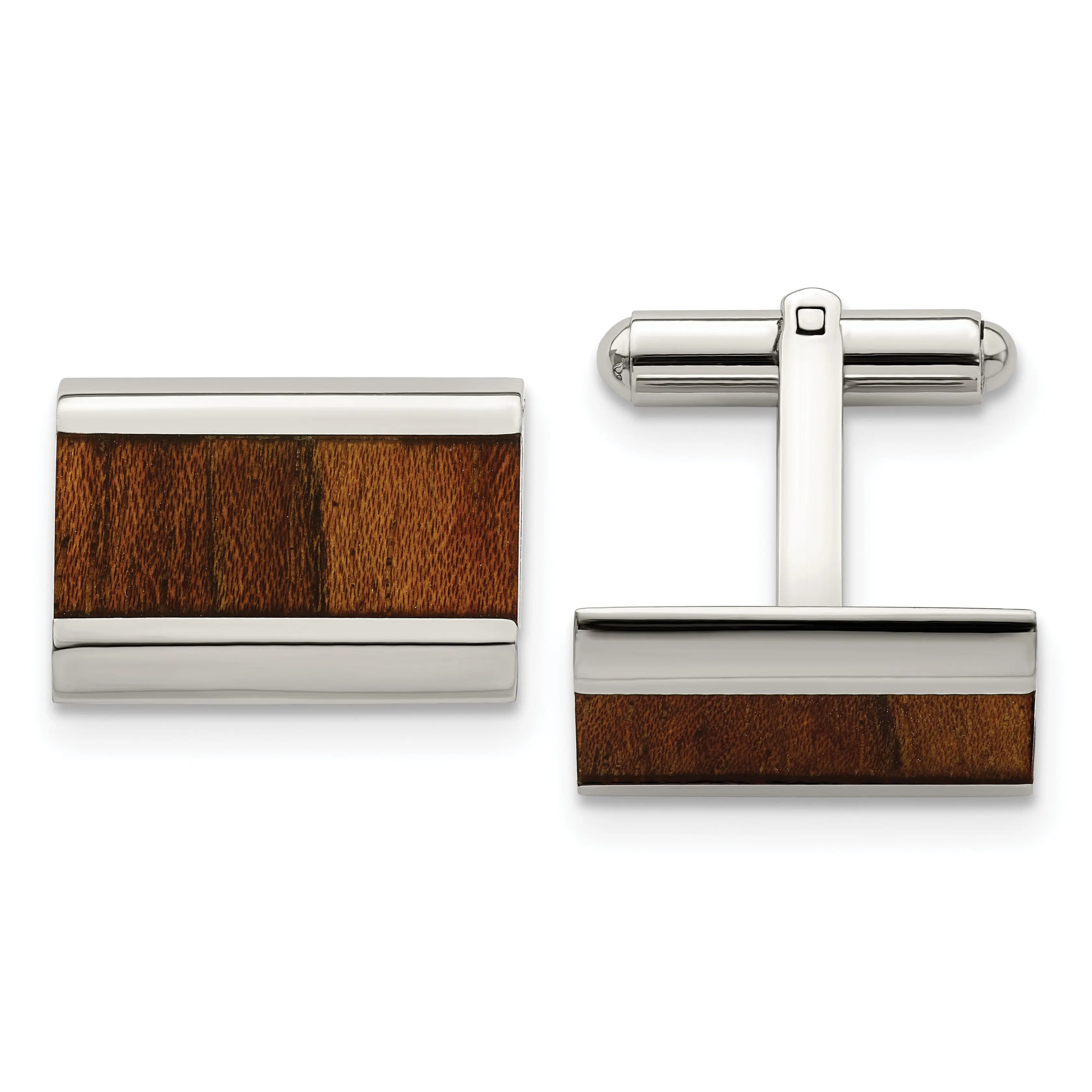 **Polished Stainless Steel & Koa Wood Inlay Men's Cufflinks Gift Ready, Modern Elegance**