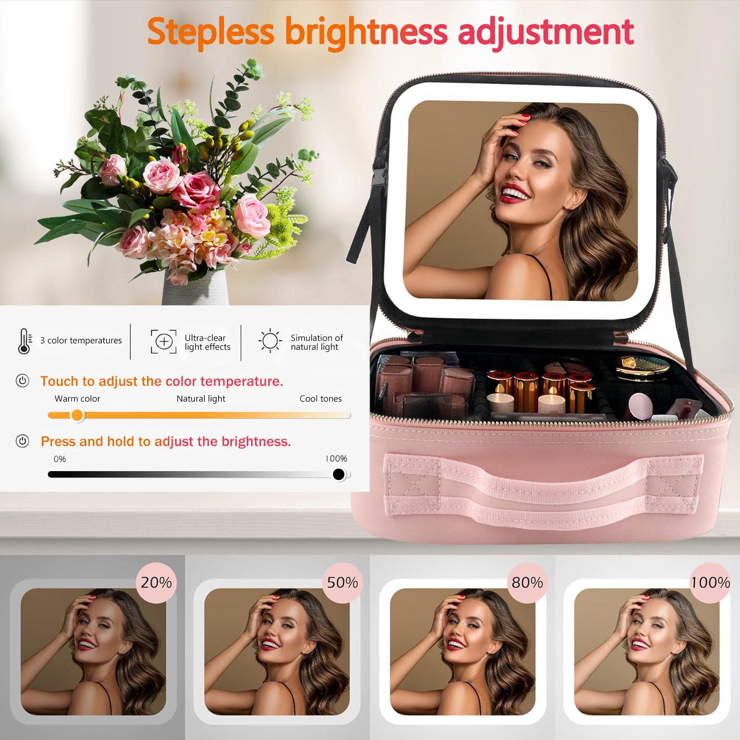 Makeup Bag with LED Mirror | Travel Cosmetic Organizer with Adjustable Dividers & Brush Storage