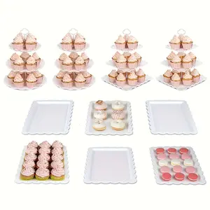 Christmas Theme Party 10-piece Cake Stand Set - 3 Double-Tier & 3 Three-Tier Cupcake Stands + 4 Appetizer Trays - Food Grade PP Material, Elegant Design, Lightweight & Easy to Assemble - Perfect for Birthday, Wedding, Party Decor