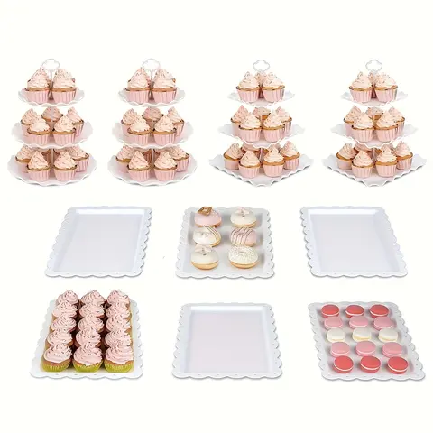 sebastian CADIA, Christmas Theme Party 10-piece Cake Stand Set - 3 Double-Tier & 3 Three-Tier Cupcake Stands + 4 Appetizer Trays - Food Grade PP Material, Elegant Design, Lightweight & Easy to Assemble - Perfect for Birthday, Wedding, Party Decor, Cupcake