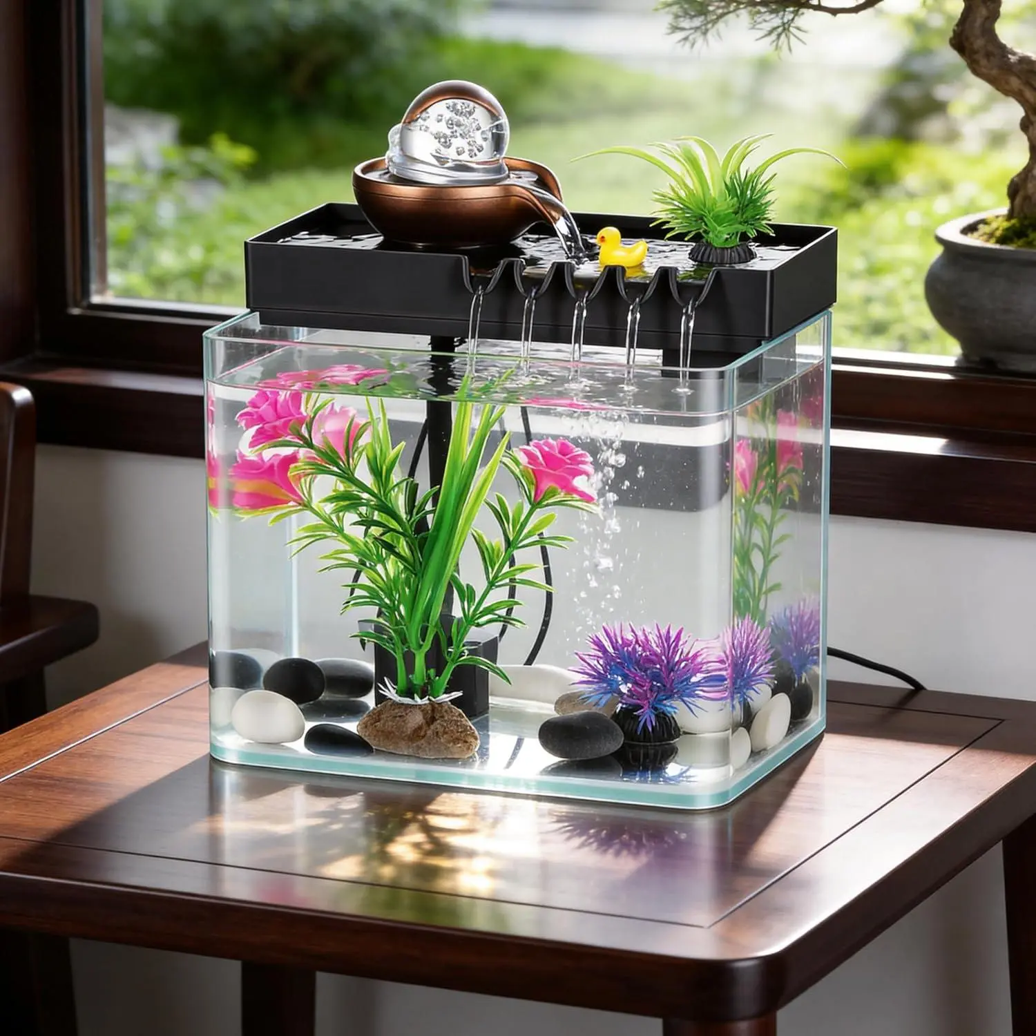 Indoor Water Fountain, 5-in-1 Tabletop Waterfall with Fish Tank & Mist Spray Humidifier, Desktop Fountain for Office Decor, Relaxing Small Water Feature for Bedroom Living Room Home