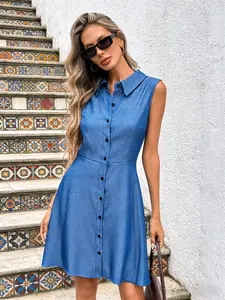 Fresh Denim Blue Sleeveless Collared Waist-Cinched Vacation A-Line Dress Trendy Denim Blue Sleeveless Collared Statement Vacation Dress Retro Denim Blue Sleeveless Collared Casual Vacation Shirt Dress Fit Piece Womenswear