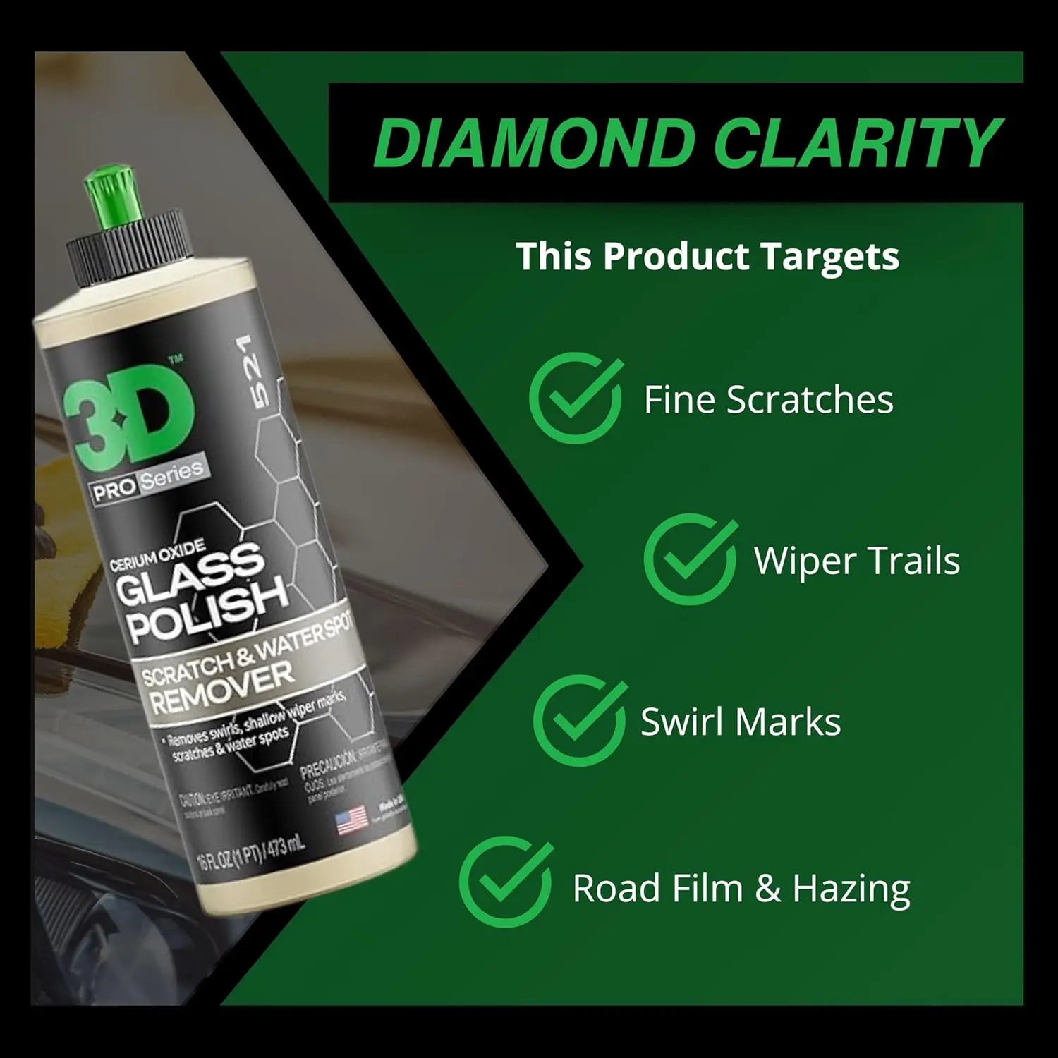 Glass Polish – Cerium-Oxide Based Window Polish, Light & Fine Glass Scratch Remover for Car Windows – Restores Clarity & Removes Wiper Marks, Swirls, Water Spots - 16oz