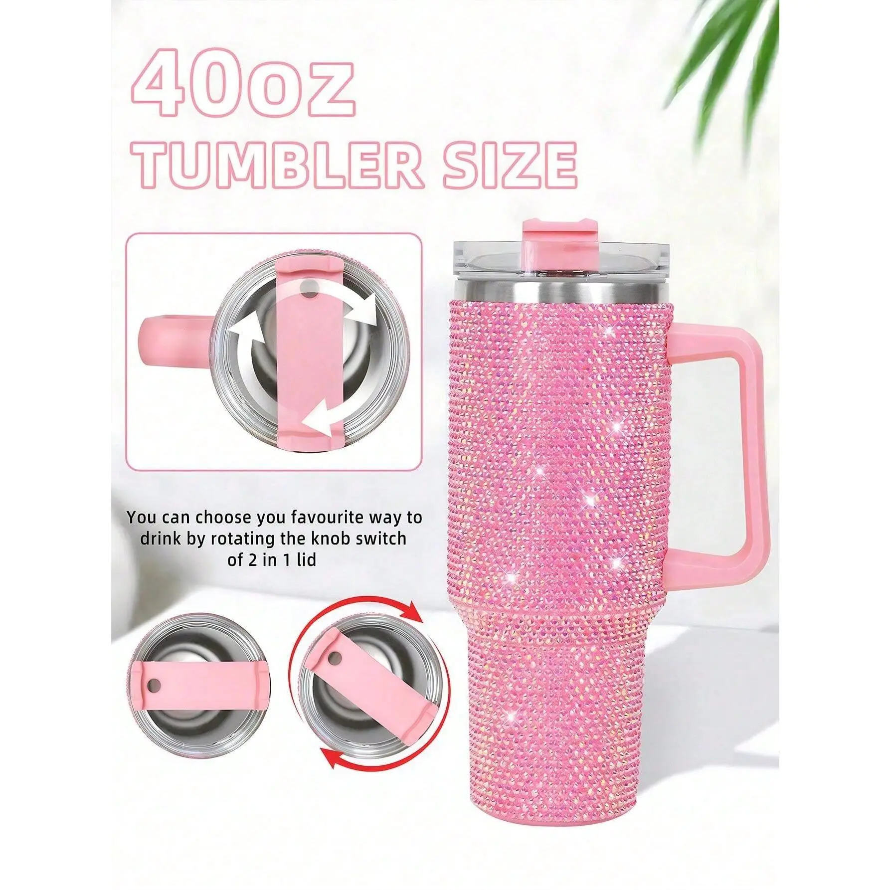 Adult Bathroom Tumbler - 40oz Metal Insulated Stainless Steel Cup with Rhinestone Print, Handle, Straw, Portable Design (1000-2000ml Capacity)
