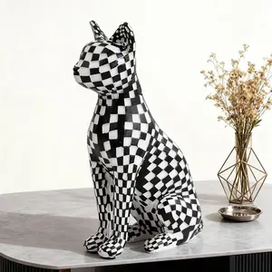Black and White Checkered Cat Statue,Living Room Art Desktop Decorations,Handmade Modern Decor Animal Statue Ornament,Modern Collection Art Cat Gift (Black)
