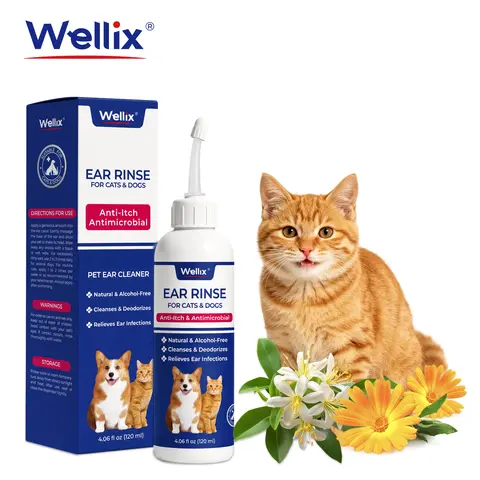 Wellix 120ml Dog & Cat Ear Cleaner - Alcohol-Free, Gentle Ear Care, Itch Relief, Odor Control Drops, Wax/Powder Removal, Inflammation Soothing Infection Treatment