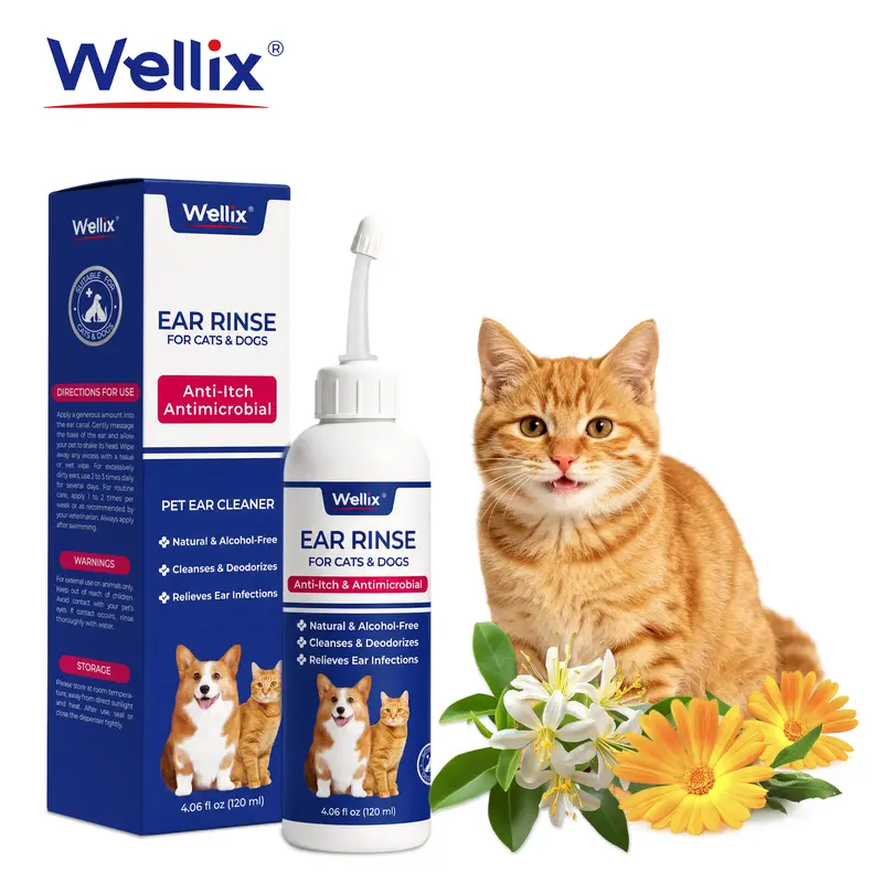 Wellix 120ml Dog & Cat Ear Cleaner - Alcohol-Free, Gentle Ear Care, Itch Relief, Odor Control Drops, Wax/Powder Removal, Inflammation Soothing Infection Treatment