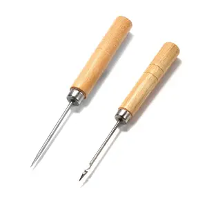 2-piece set of wooden-handled sewing awls, hand sewing tools for DIY leather bracelet making, jewelry crafting, and repair, including a punch, sewing needle, and crochet hook tool