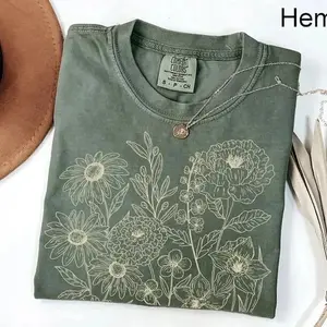 Comfort Colors Vintage Pressed Flowers Boho Cottagecore Botanical Floral T-Shirt for Gardeners, Gift For Daily Wear, Apparel Made In The USA		