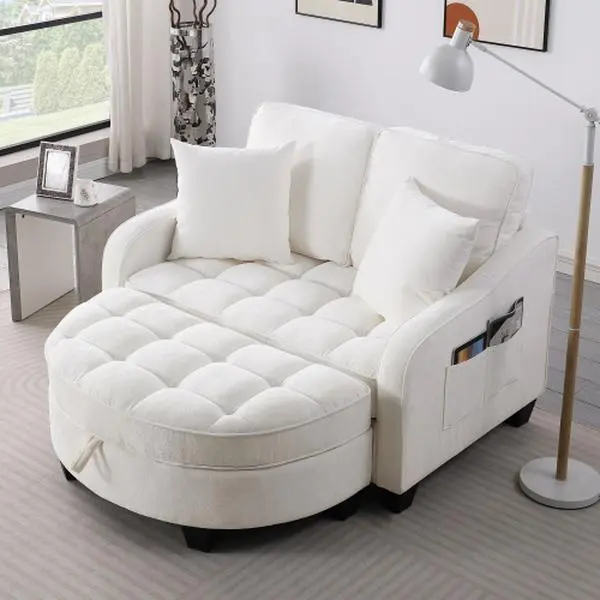 [2Packs Shipped]  Niccae Two-seater sofa, double sofa chaise longue, with irregular armrests and backrests, footrest with storage space, comes with two small throw pillows, suitable for living room and bedroom