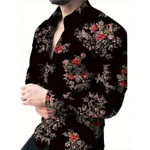 [Floral Print Long Sleeve Shirt] Spring/Fall Perfect Floral Print Long Sleeve Shirt - Polyester & Spandex Blend, Button-Up with Lapel Collar, Machine Washable - Men's Casual