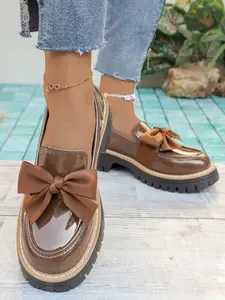 Women's New Round Toe Thick Sole Bow Loafers, Bowknot Design Flats, Comfortable Casual Daily Wear Shoes, Large Size Fashion Sneakers, Spring Summer Fall Winter