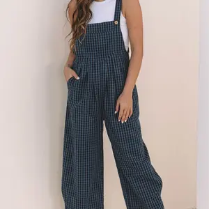 Women's Sail Blue Plaid Print Buttoned Pocketed High Waist Overall Casual Comfort Pants Womenswear