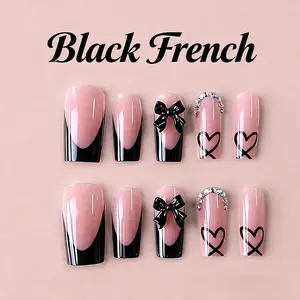 Black French Tip Press-On Nails – Bow & Heart, 24pcs