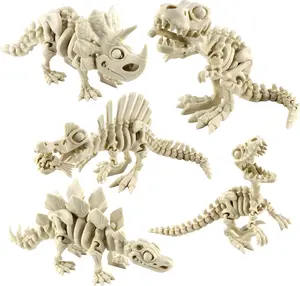 PowerTRC 5PCS 3D Printed Dinosaur Skeletons, T-Rex Triceratops Stegosaurus Velociraptor Spinosaurus Fidget Toys, 3D Printed Dragon Animals Toys, Articulated 3D Figurine Stress Relief Toy (Bone White)
