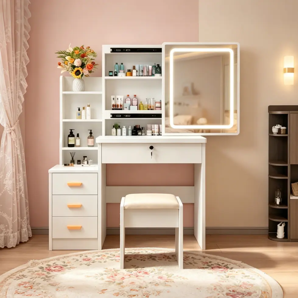 White Makeup Vanity Set with LED Lighting Mirror, Drawers, 3-Tier Shelves and Matching Stool - Large Storage Indoor Bedroom Dressing Table Furniture