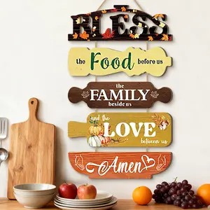 Wooden Wall Decor Hanging Kit, Fall Leaves Fruit Snowflake Hand Pattern, Bless the Food Prayer, Kitchen Dining Room Gift, American Country Style