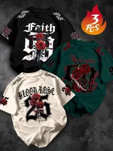 Men's Summer Street Style Casual Streetwear Gothic Rose Short Sleeve T-Shirt Set, Classic Round Neck, Loose Fit, Breathable, Durable, Versatile, Menswear