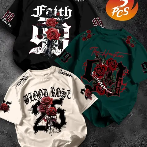3 Pcs Men's Summer Street Style Gothic Rose Short Sleeve T-Shirts, Classic Round Neck Loose Fit Casual Streetwear, Soft, Breathable, Durable & Versatile Menswear, Trendy Summer Tee