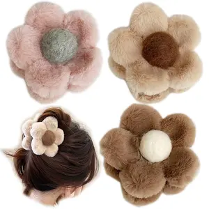 2 Pcs /3 PCS Cute Fuzzy Hair Claw Clip, 3.5 inch Faux Fur Large Flower Hair Clips Nonslip Strong Hold Plush Jaw Clamp for Women Thick Hair, Autumn and Winter