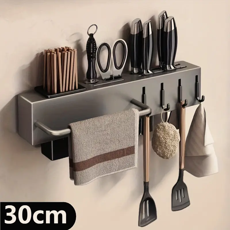 1-Piece Kitchen Knife Rack and Organizer with 4 Hooks - Wall-Mounted Knife, Cutting Board, and Utensil Holder - Space-Saving Storage Rack for A Neat and Tidy Kitchen