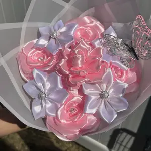 Ribbon Eternal Roses Mixed Flowers 7 Ct White and Pink with Elegant Butterfly Accents for Special Occasions