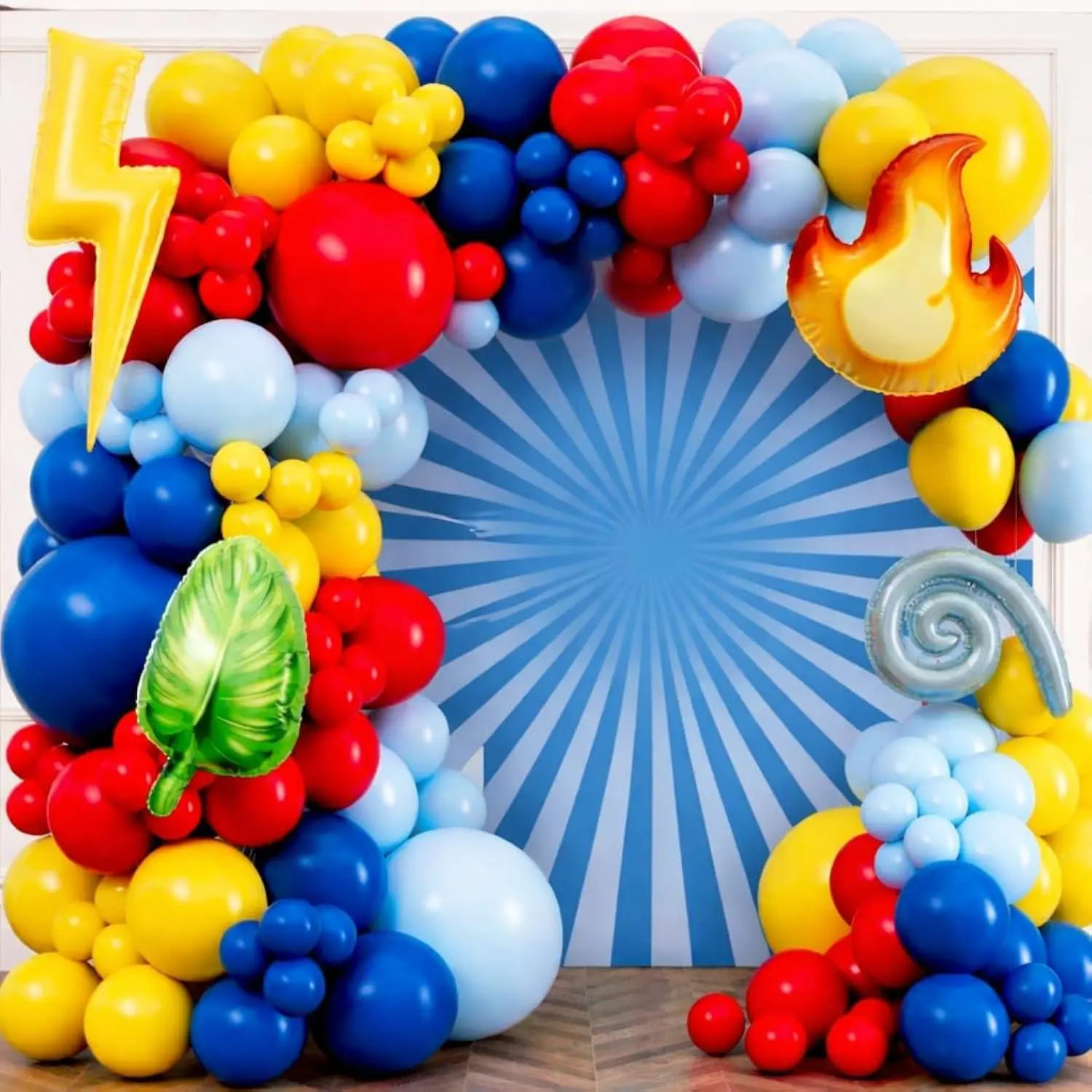 All-In-1 Cartoon Balloon Arch Kit With Bonus Thunder, Flame, Leaf & Spiral Balloons For Theme Birthday Decorations - Red Blue Yellow Balloons For Cartoon Birthday Decorations Video Game Party Supplies