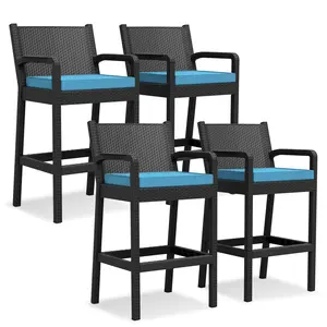 Gaomon Weatherproof Wicker Outdoor Bar Stools Set of 4, 30" High Armrest Patio Barstools with Cushions, Easy Setup 4-Seat Wicker Frame Furniture for Backyard, Pool, Four Seats
