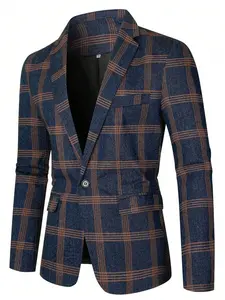 Men's Plaid Print Button Front Blazer, Suit Coats Work, Work Clothes for Office, Regular Fit Long Sleeve Lapel Neckline Suit Jacket for Business Formal Occasions, Fashion Men's Clothing for Fall & Winter
