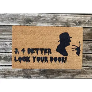 Horror Movie Doormat, 3 4 Better Lock Your Door, Freddy, Fall Decor, Home Decor, Personalized Doormat, Halloween Doormat, Scary Movie Decor