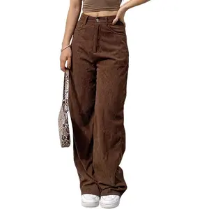 Women's Vintage Corduroy High Elastic Waist Wide Leg Pocketed Pants Trouser