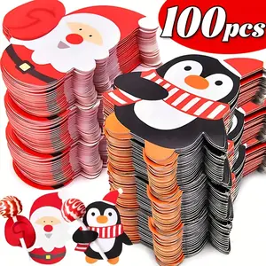 100pcs Festive Christmas Lollipop Cards - Santa, Penguin & Snowman Designs with Red & White Checkered Bows, Perfect for Holiday Gifts, Party Favors, and Classroom Exchanges, Christmas Decorations, Fun Party Cards