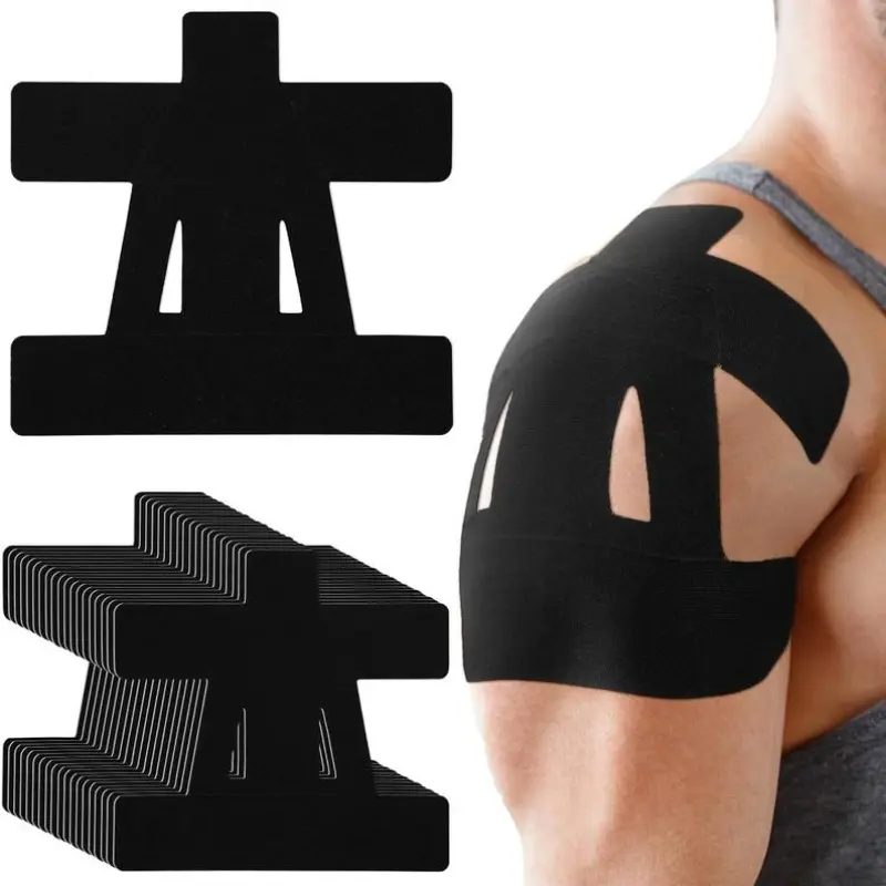 Shoulder Kinesiology Tape (12 pre-cut strips) - Elastic shoulder support, kinesiology sports tape for pain relief, rotational stability, muscle support, waterproof, breathable, hypoallergenic, black, Athletic Tape.