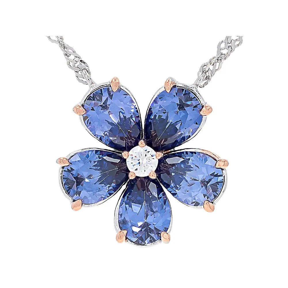 JTV Blue And White Cubic Zirconia Rhodium And 18k Rose Gold Over Silver Flower Necklace 6.23ctw