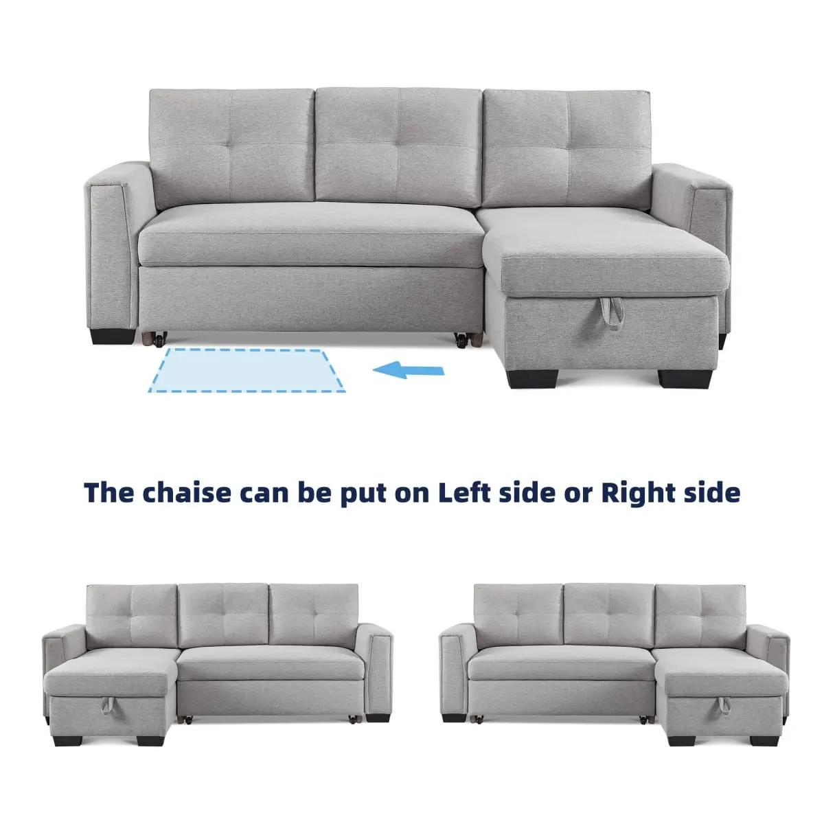 American Furniture Classics SS2791P-LGSS Upholstered Sectional Chaise Sofa Sleeper, Convertible Futon Sofa, 2-in-1 Couch with Storage, Small Space Home Furniture, Light Grey, Upholstered Sectional Sofa
