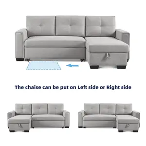 American Furniture Classics SS2791P-LGSS Upholstered Sectional Chaise Sofa Sleeper, Convertible Futon Sofa, 2-in-1 Sofas & Couches with Storage, Small Space Home & Office Furniture, Light Grey