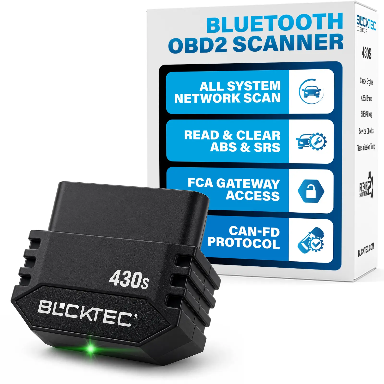 BLCKTEC 430S Bluetooth OBD2 Scanner - OEM Diagnostic Tool for 1996+ Cars, Check Engine/ABS/SRS Code Reader, 10 OBD2 Modes, CAN-FD, FCA Gateway, Live Data, No Subscription, Free Updates, iPhone & Android Compatible, Cars 1996+