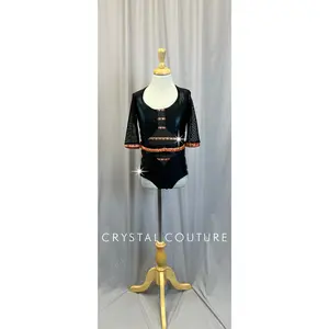 Custom Black and Orange Fishnet Metallic Leotard - Rhinestones