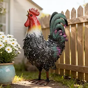 Metal Rooster Statue Chicken Decor, Rustic Farmhouse Spring Garden Yard Art, Weather Resistant Outdoor Sculpture for Patio Lawn Backyard, Ideal for  Kitchen Decor
