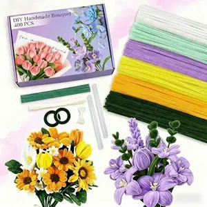 400 Root Cleaning Sticks Craft Kit, 6 Colors Assorted, DIY Flower Making Set with Floral Wire, Garden Tape, Petals, Ribbon ()