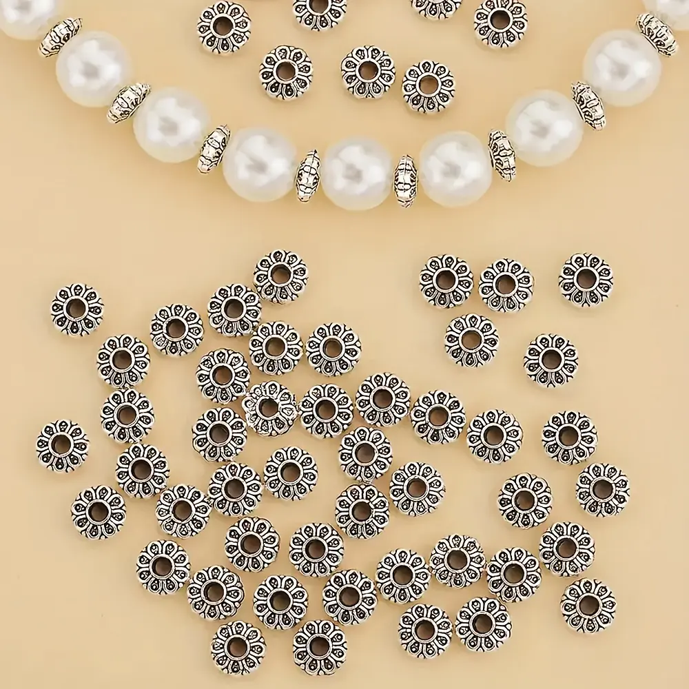 6mm Antique Silvery Zinc Alloy Engraved Flower Spacing Beads (200pcs) - DIY Beading & Jewelry Making Supplies for Bracelet, Necklace Crafts, Decoration Accessories for DIY Enthusiasts