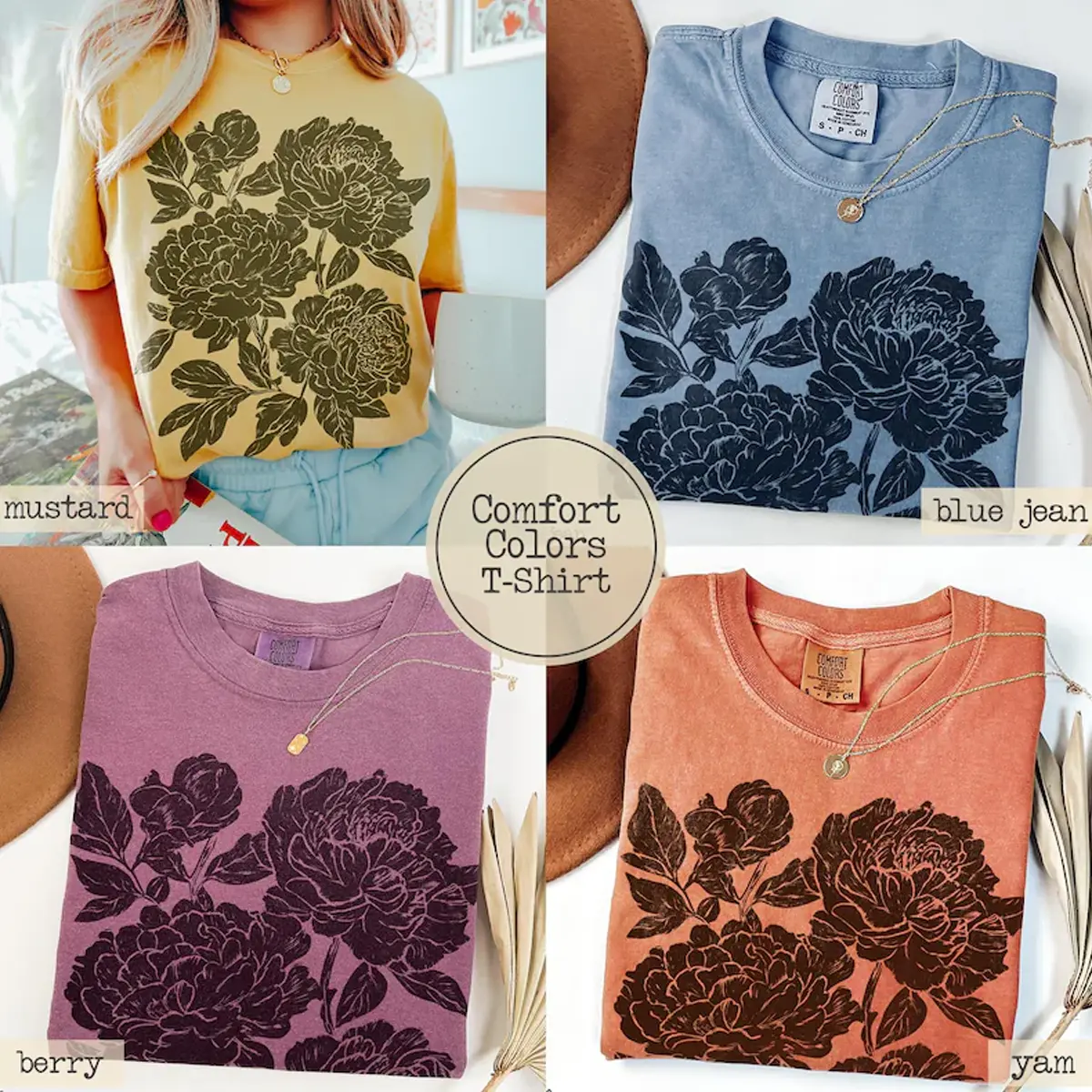 Comfort Colors Vintage Linocut Flower Shirt: Peonies & Ranunculus Tee, Graphic Tees Women Top Womenswear Gift for Her Streetwear