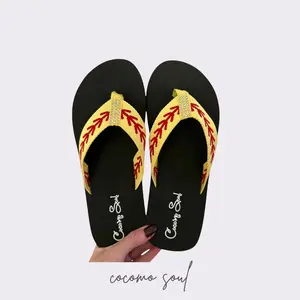 Cocomo Soul Womens Softball Rhinestone Embroidered Flip Flops Softball Mom Sandals Flat Walking Shoes