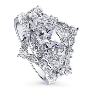 BERRICLE Sterling Silver Halo Wishbone Art Deco Chevron V Shaped Engagement Rings Statement Stackable Band for Women, Princess Cut Cubic Zirconia CZ Ring Set