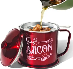 1.3L Bacon  Saver Container with Fine Mesh Strainer,Stainless Steel Oil Keeper Can for Bacon,46oz Large Rustic Farmhouse  Container, Keeper, Recipes, Dishwasher Safe (Red)
