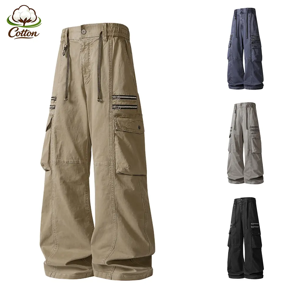 Outdoor Classic Wide Leg Cargo Trousers, 97% Cotton Wrinkle Resist Plain Cloth, Multi Double Layer Storage Pockets, Baggy Loose Casual Travel Pants